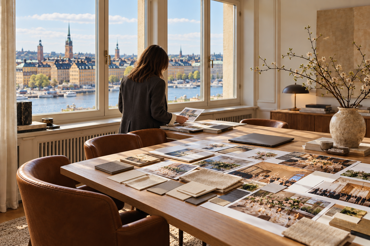 A woman reviewing mood boards and material samples at a desk beside large windows overlooking the waterfront.