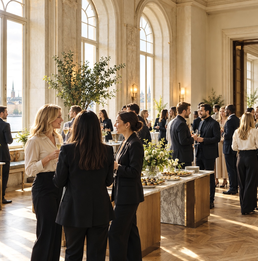 Corportate guests networking over drinks in a sunlit reception venue with tall arched windows and floral arrangements.