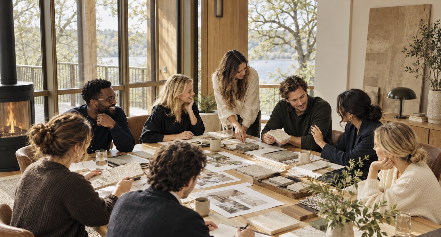 Participants sharing ideas and reviewing material samples around a table during a creative team workshop.